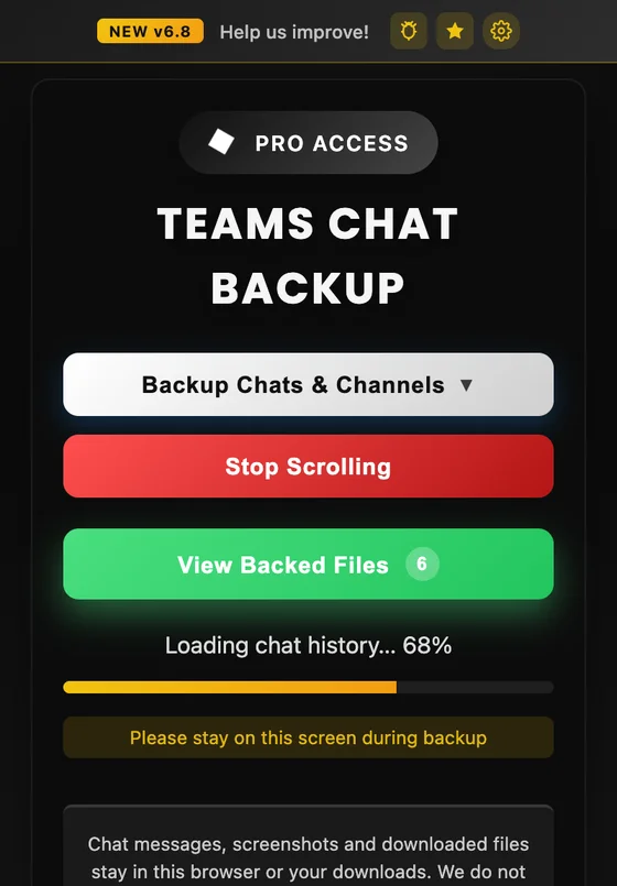 The extension loading a Teams chat history with a progress bar