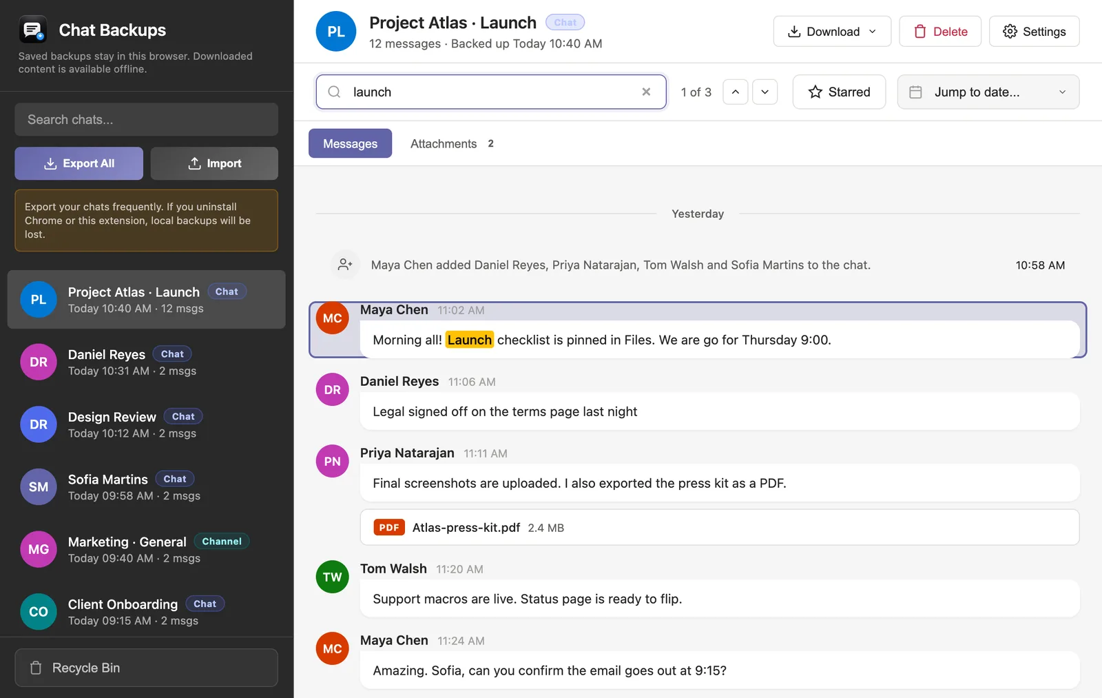 Searching a backed-up Teams chat for the word launch, with matches highlighted